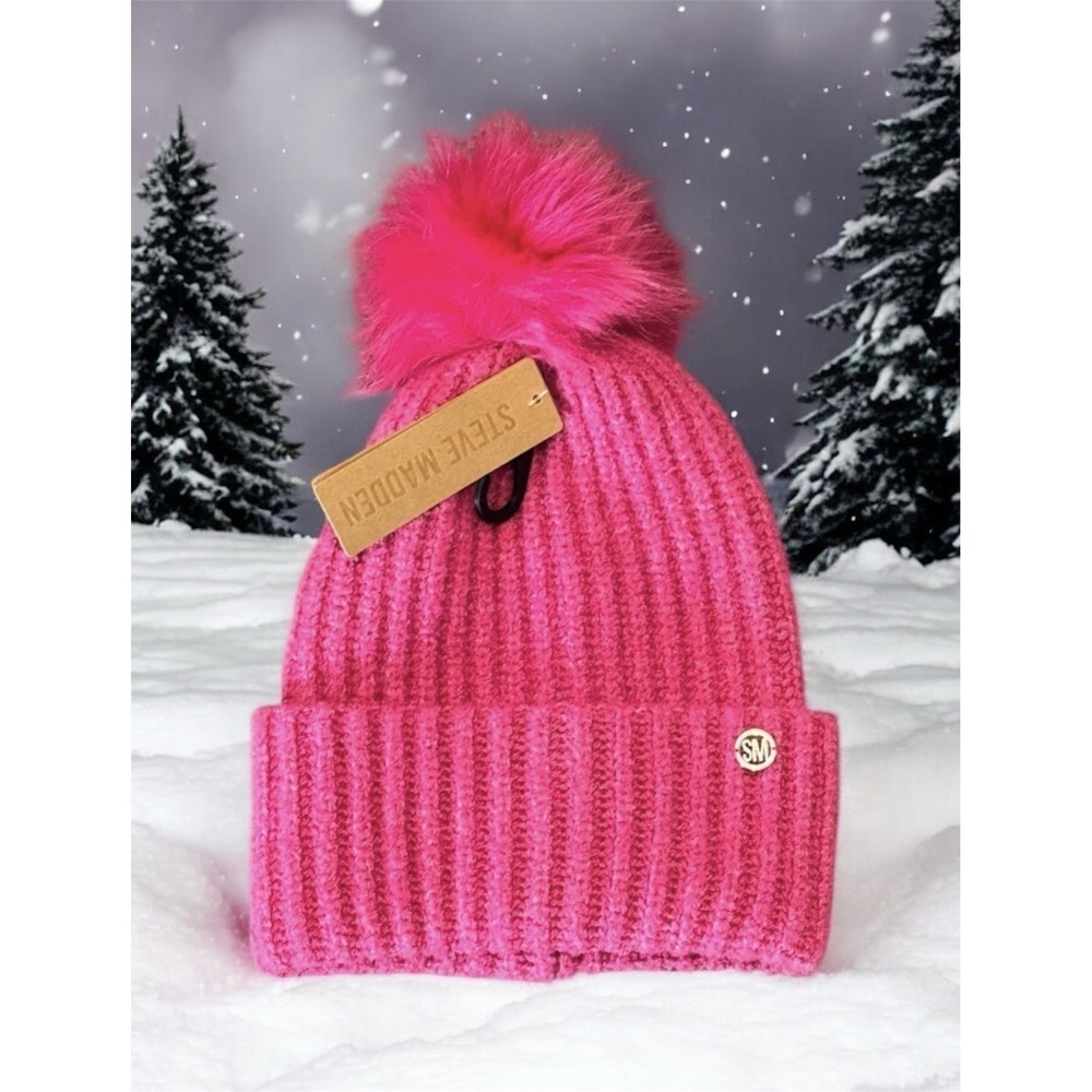 Steve Madden Woman's Cloud Knit Faux Fur Pom Pom Beanie Hat Hot Pink One Size